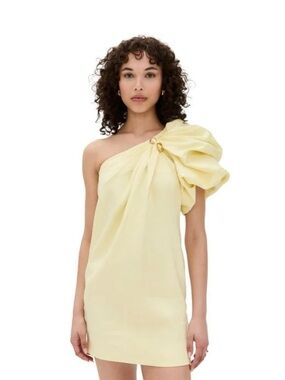 Aje One-Shoulder Puff Sleeve Cira Mini Dress in Vanilla Yellow